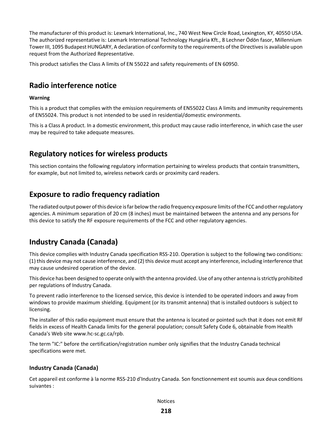 Lexmark C790 Radio interference notice, Regulatory notices for wireless products, Exposure to radio frequency radiation 