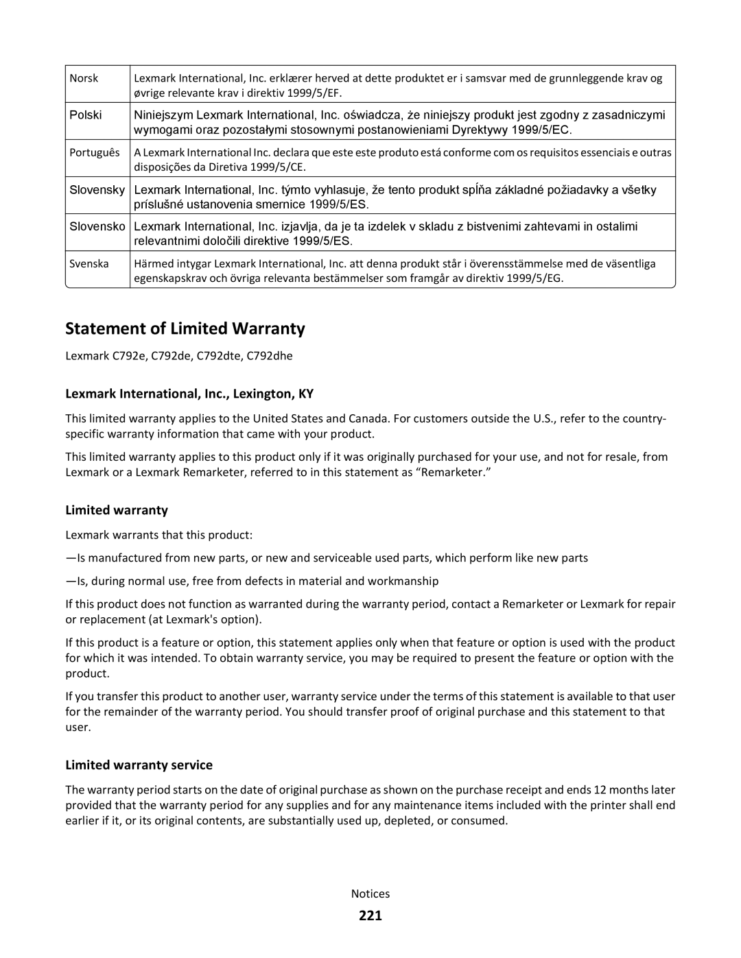 Lexmark C790 manual Statement of Limited Warranty, 221 