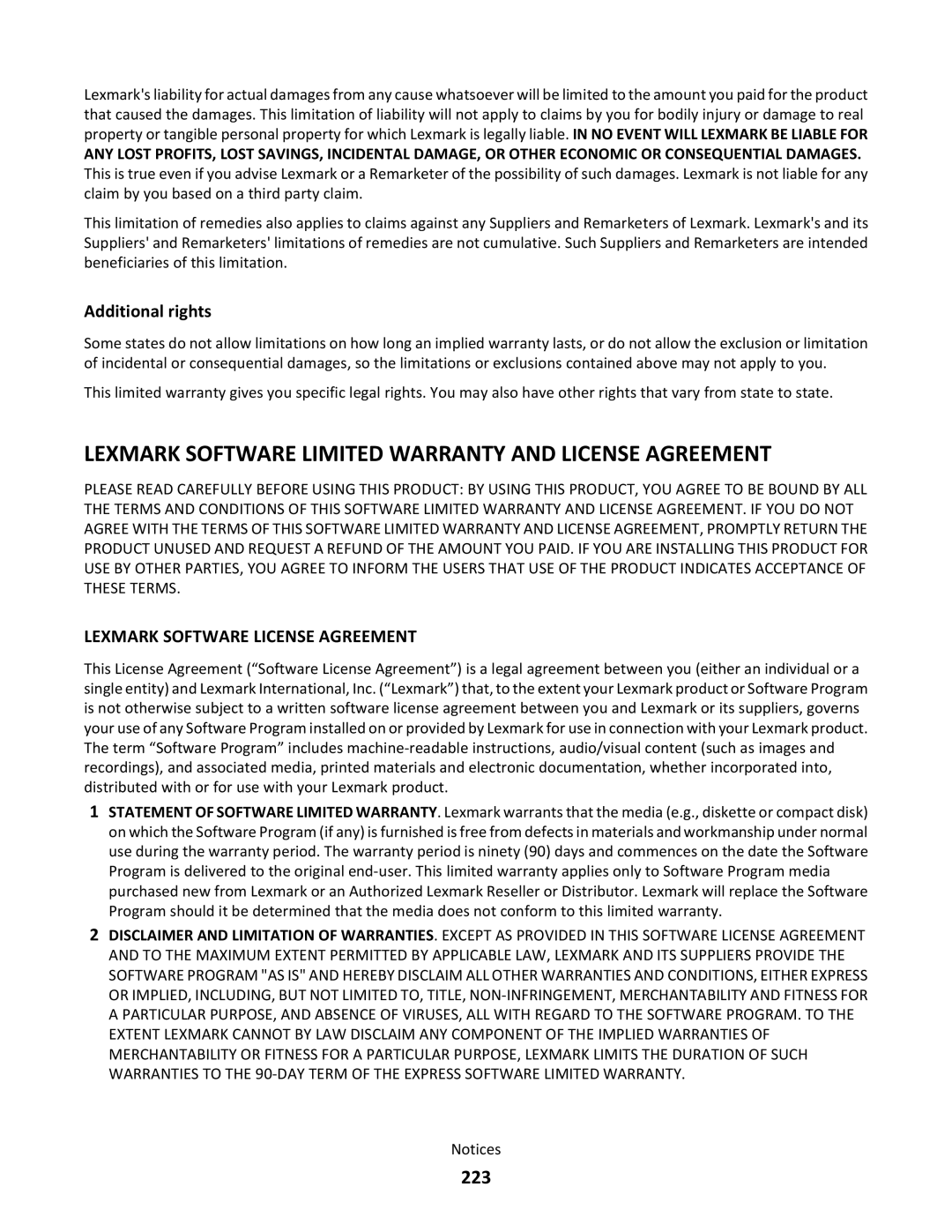 Lexmark C790 manual 223, Additional rights 