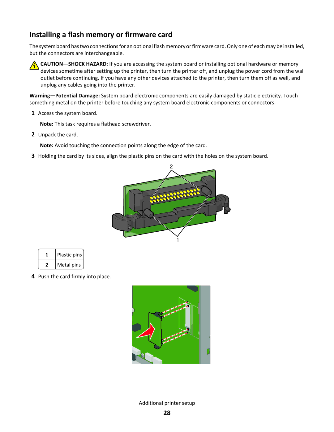 Lexmark C790 manual Installing a flash memory or firmware card 