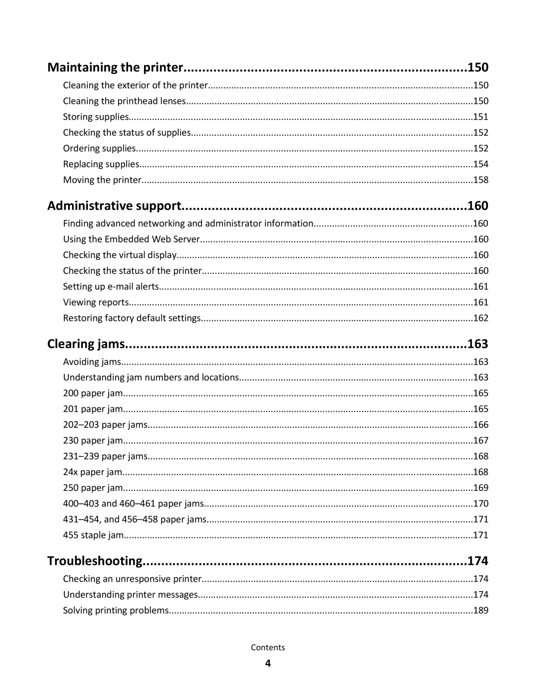 Lexmark C790 manual Maintaining the printer 150, Administrative support 160, Clearing jams 163, Troubleshooting 174 