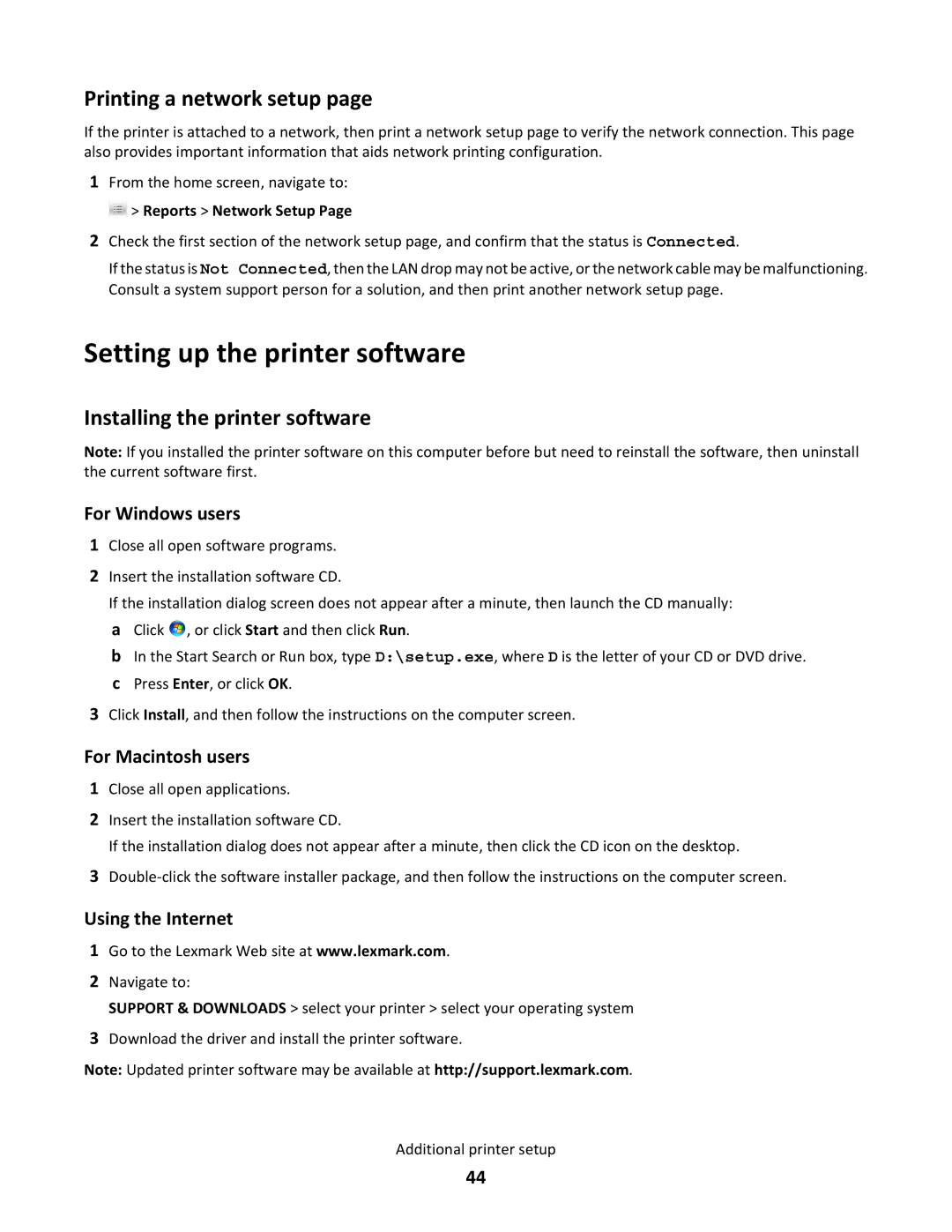 Lexmark C790 manual Setting up the printer software, Printing a network setup, Installing the printer software 