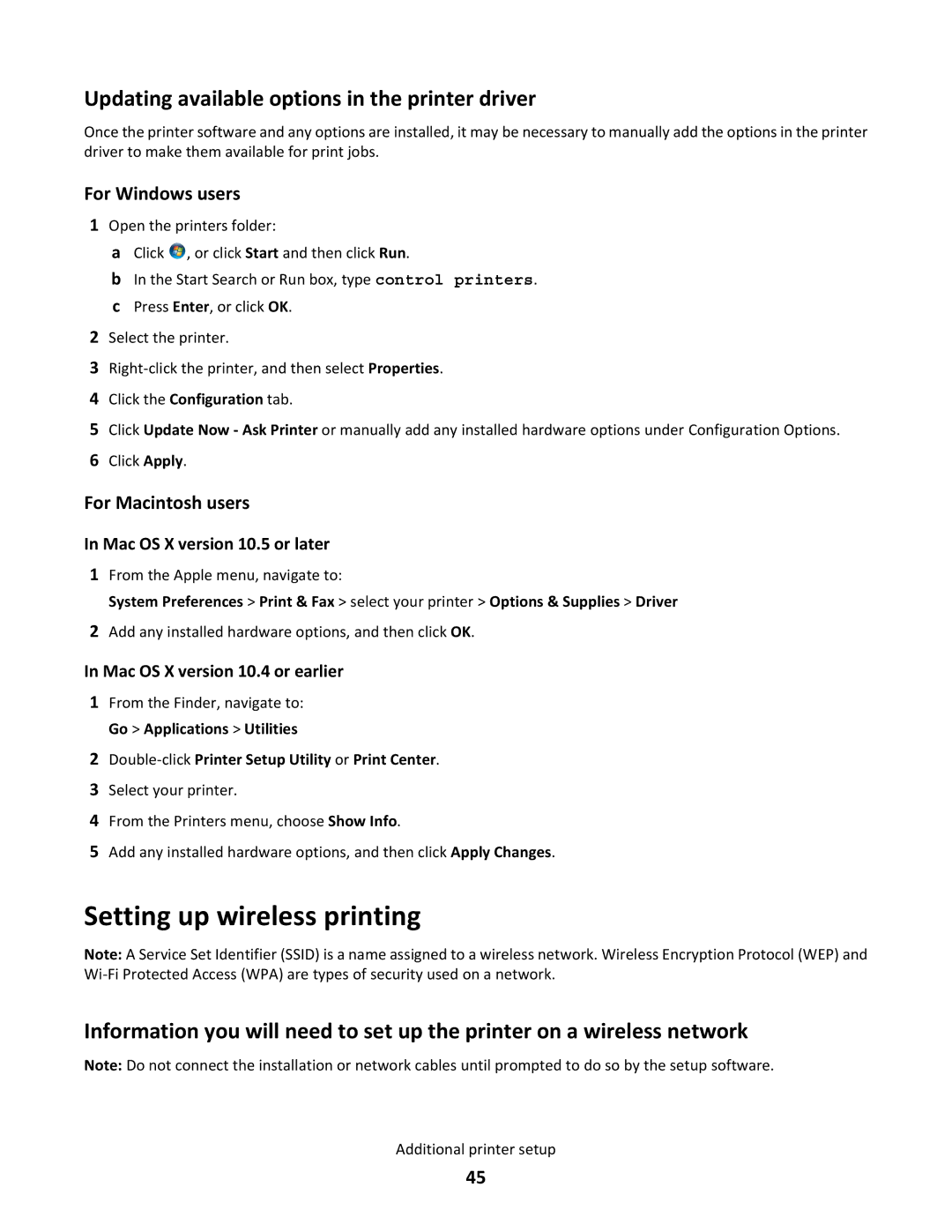 Lexmark C790 manual Setting up wireless printing, Updating available options in the printer driver 