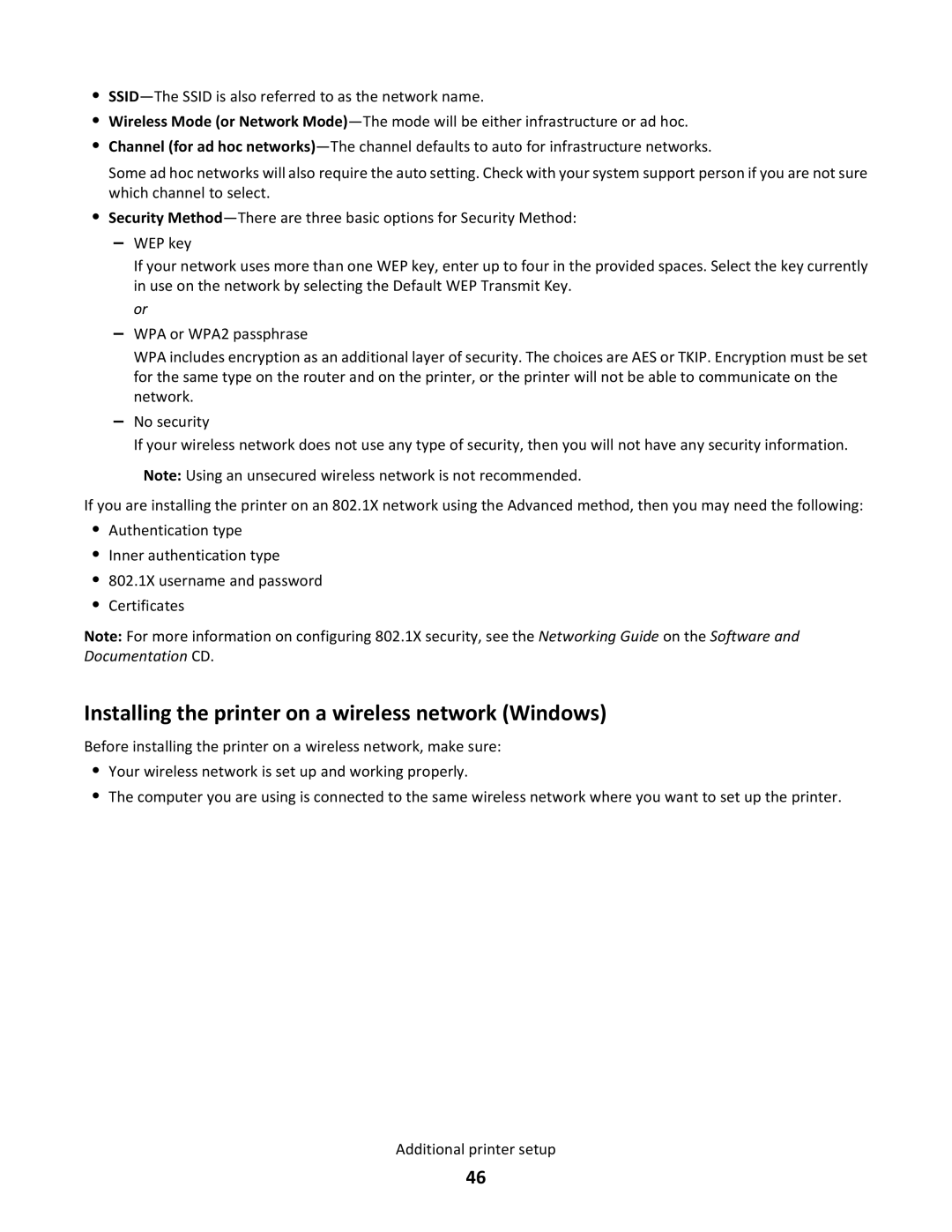 Lexmark C790 manual Installing the printer on a wireless network Windows 