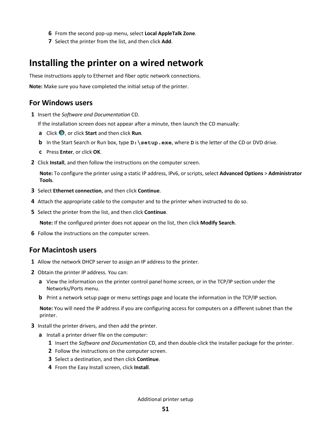 Lexmark C790 manual Installing the printer on a wired network, For Windows users, For Macintosh users 