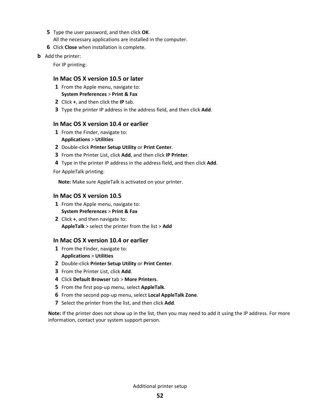 Lexmark C790 manual Mac OS X version 10.5 or later, Mac OS X version 10.4 or earlier 