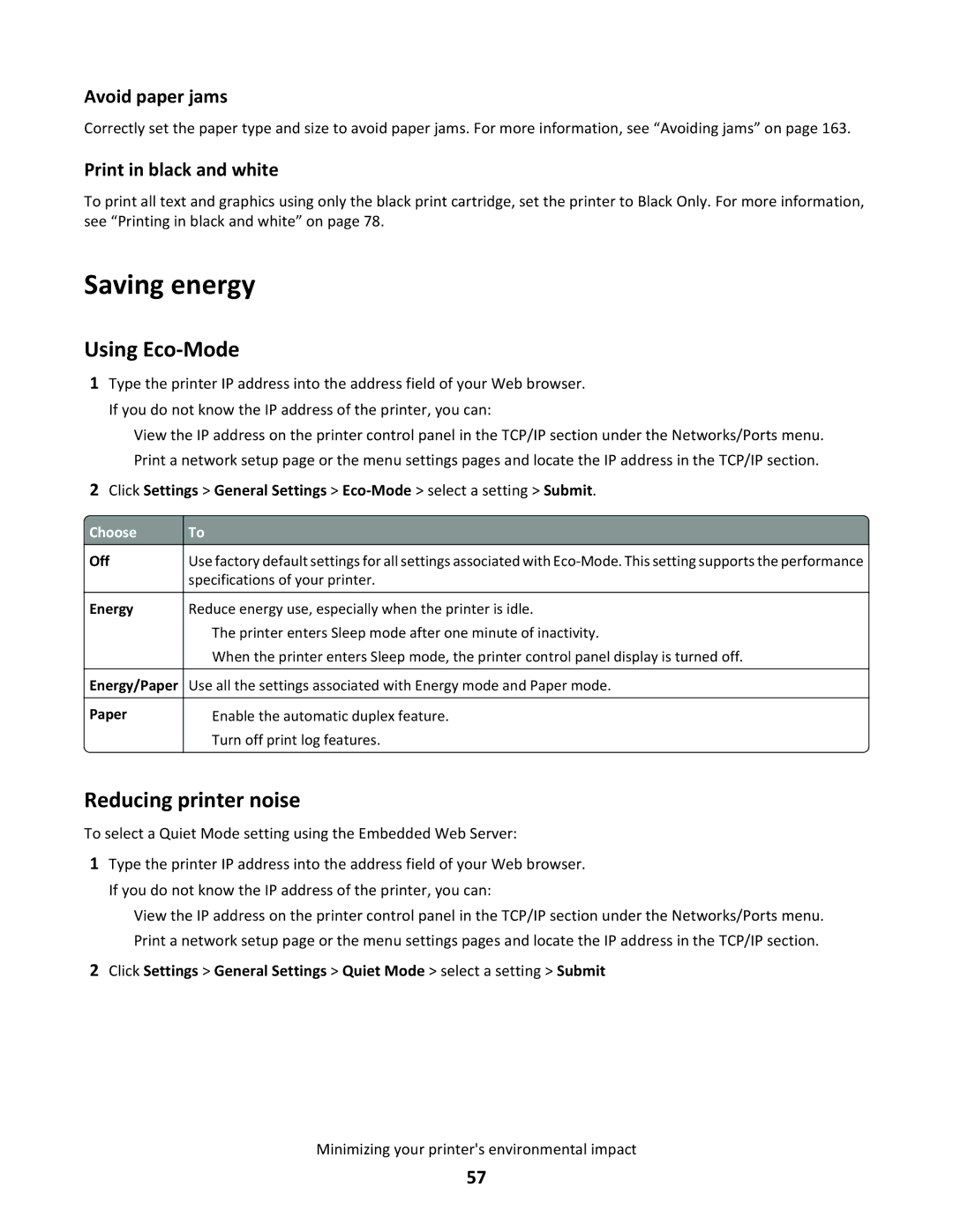 Lexmark C790 manual Saving energy, Using Eco-Mode, Reducing printer noise, Avoid paper jams, Print in black and white 