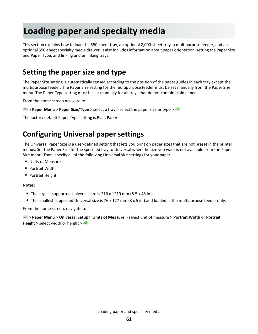 Lexmark C790 Loadin g pap er and specialt y m edia, Setting the paper size and type, Configuring Universal paper settings 