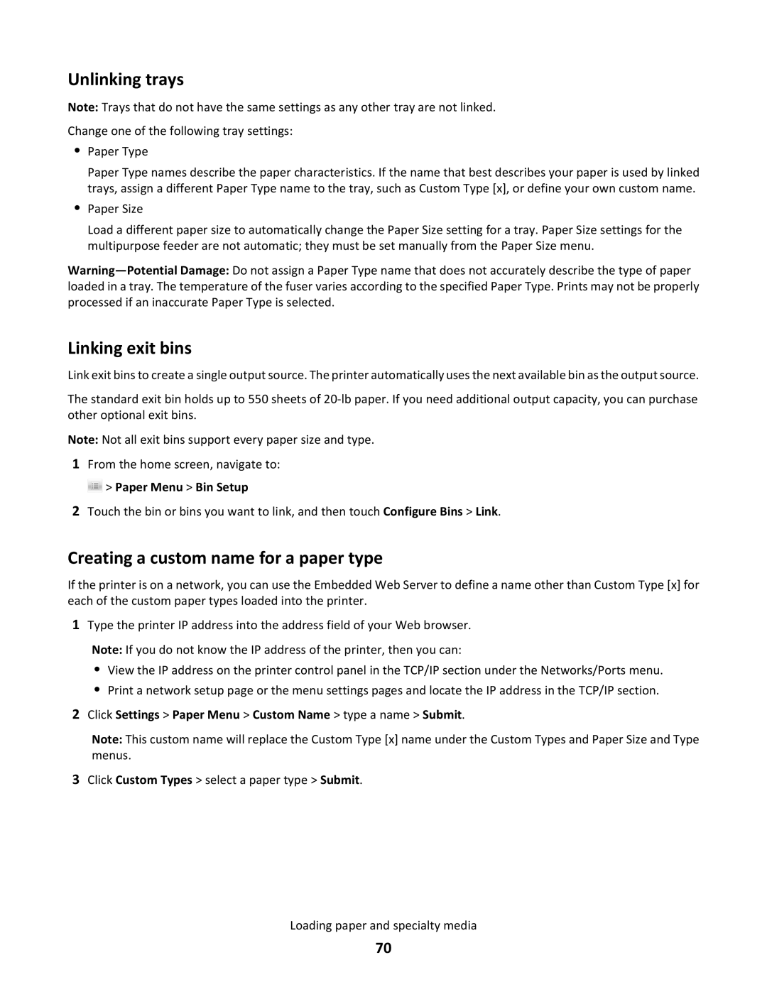 Lexmark C790 manual Unlinking trays, Linking exit bins, Creating a custom name for a paper type, Paper Menu Bin Setup 