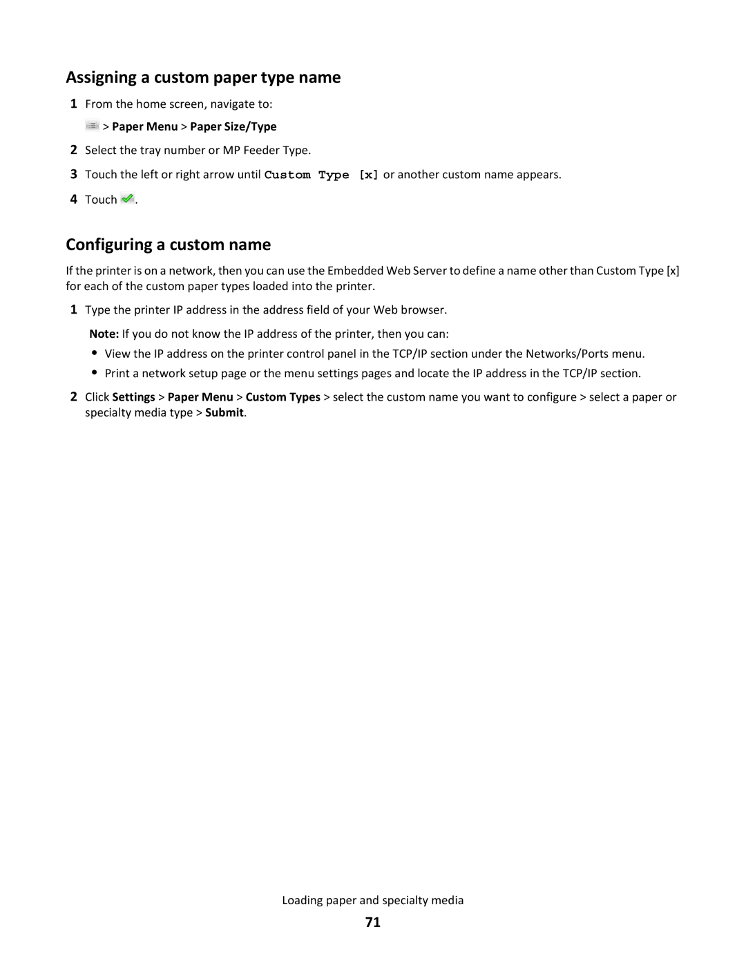 Lexmark C790 manual Assigning a custom paper type name, Configuring a custom name, Paper Menu Paper Size/Type 