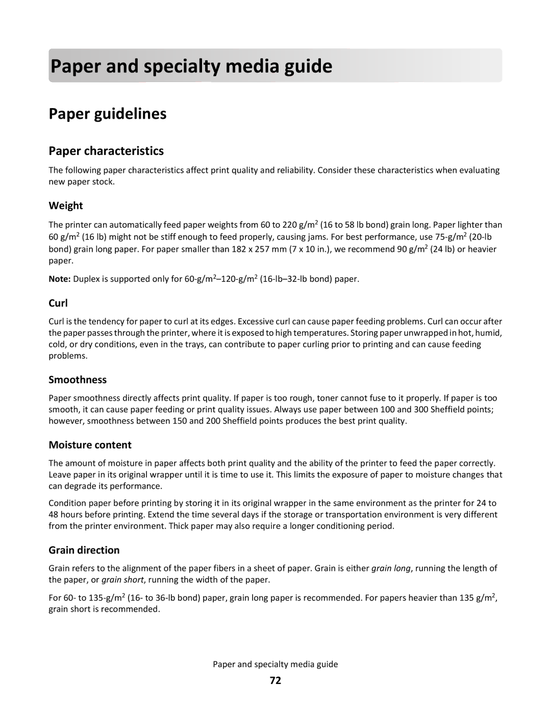 Lexmark C790 manual Paper an d spe cialty med ia guide, Paper guidelines, Paper characteristics 