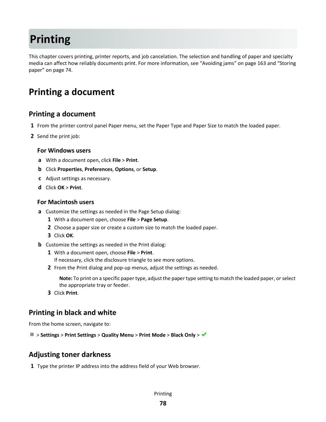 Lexmark C790 manual Printin g, Printing a document, Printing in black and white, Adjusting toner darkness 