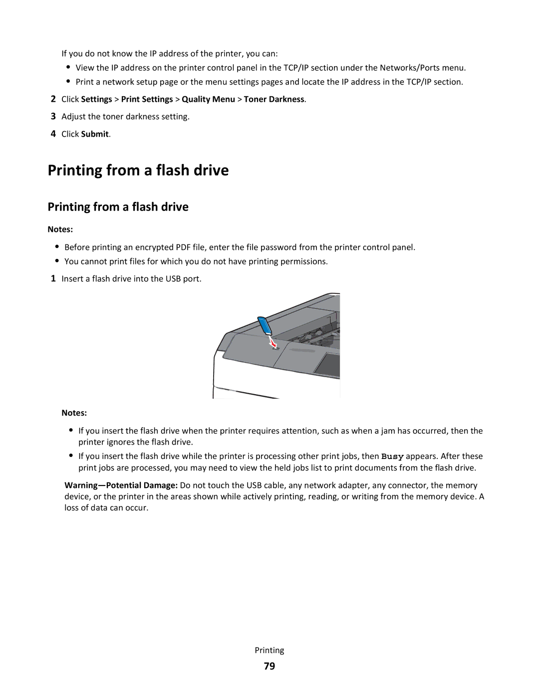 Lexmark C790 manual Printing from a flash drive, Click Settings Print Settings Quality Menu Toner Darkness 