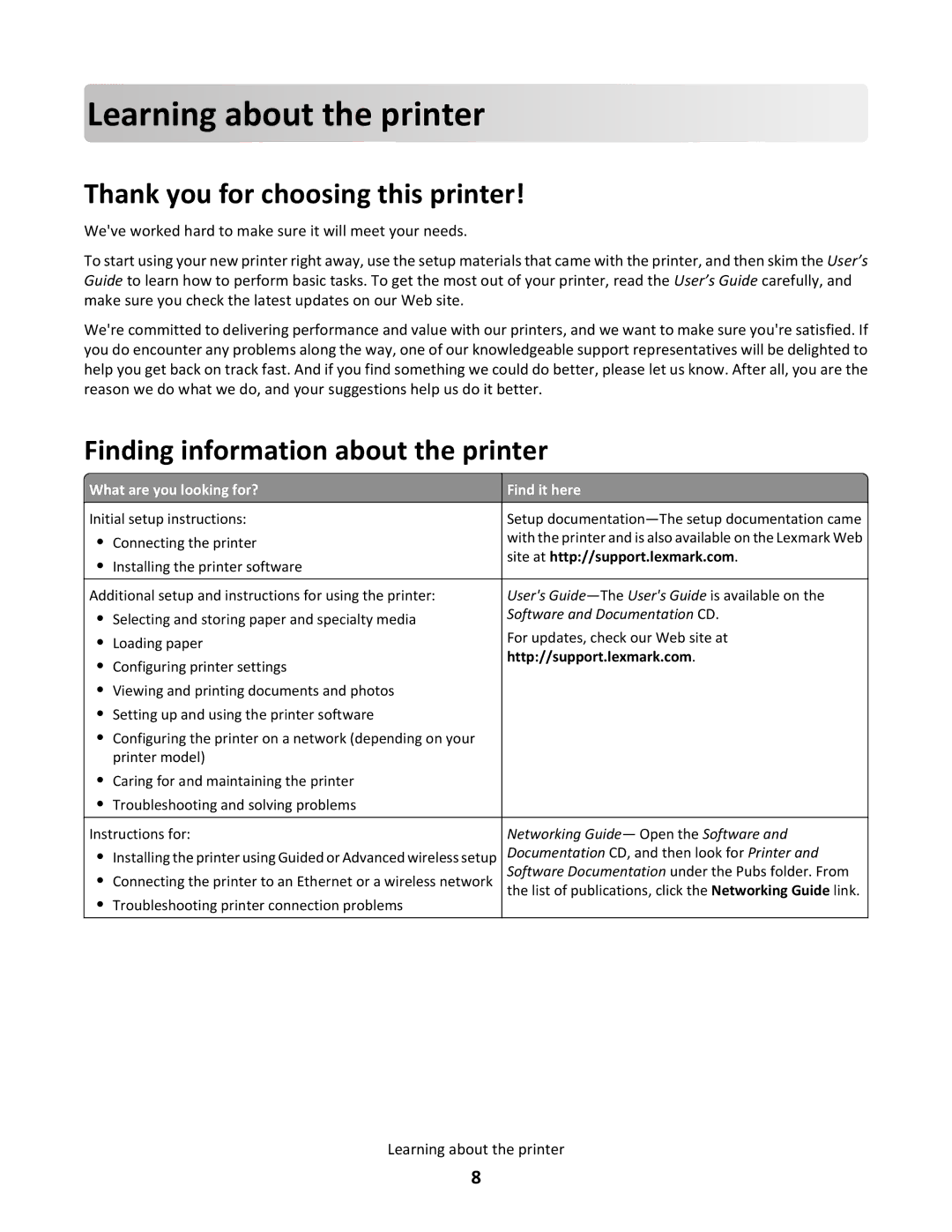 Lexmark C790 manual Learning about the printe r, Thank you for choosing this printer, Finding information about the printer 