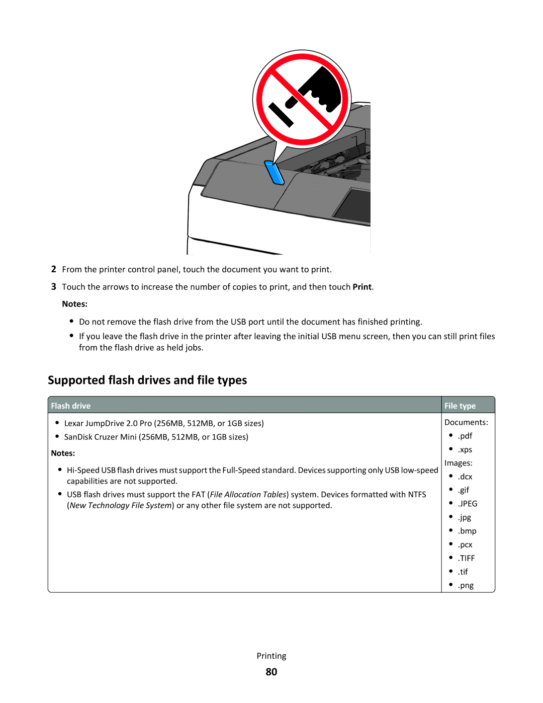 Lexmark C790 manual Supported flash drives and file types, Flash drive 