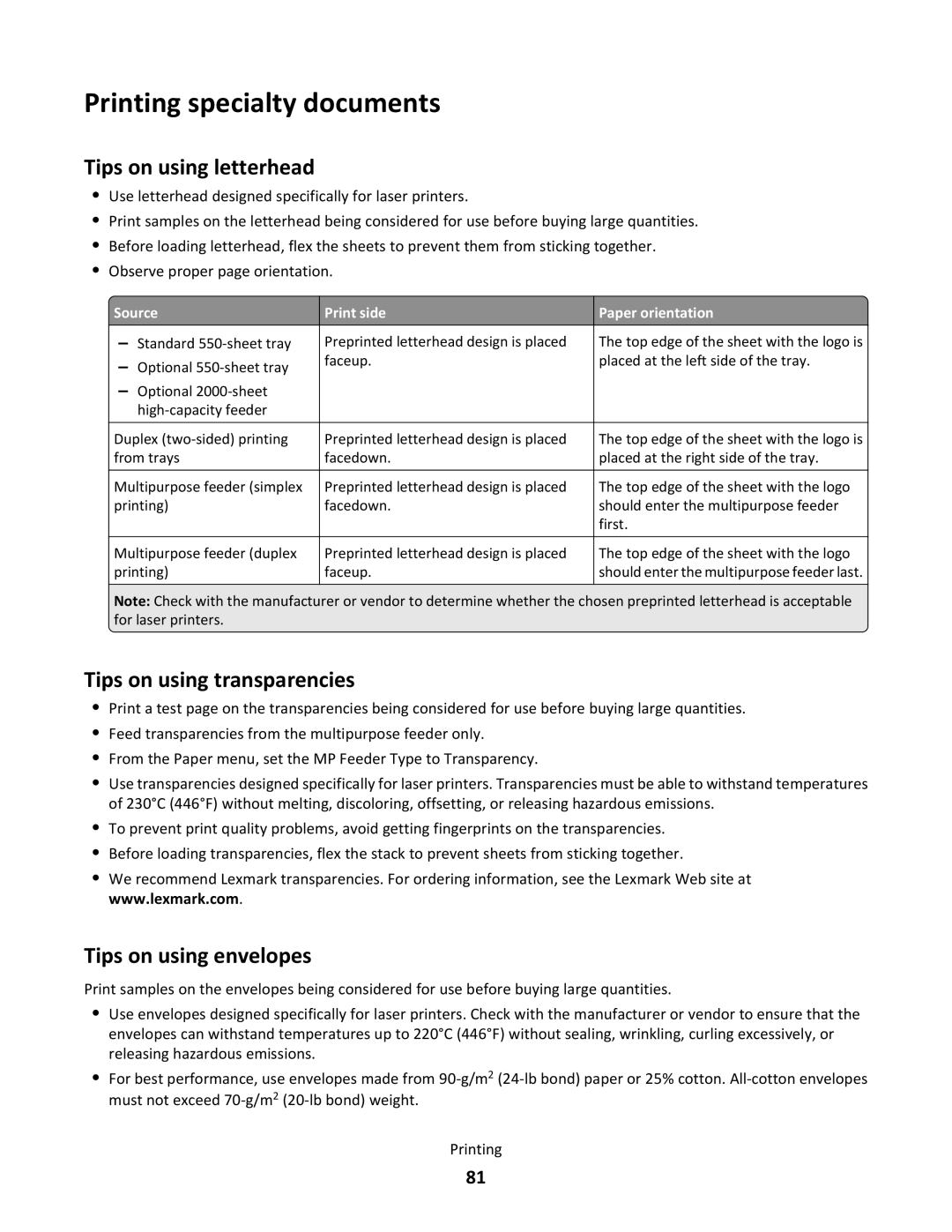 Lexmark C790 Printing specialty documents, Tips on using letterhead, Tips on using transparencies, Tips on using envelopes 