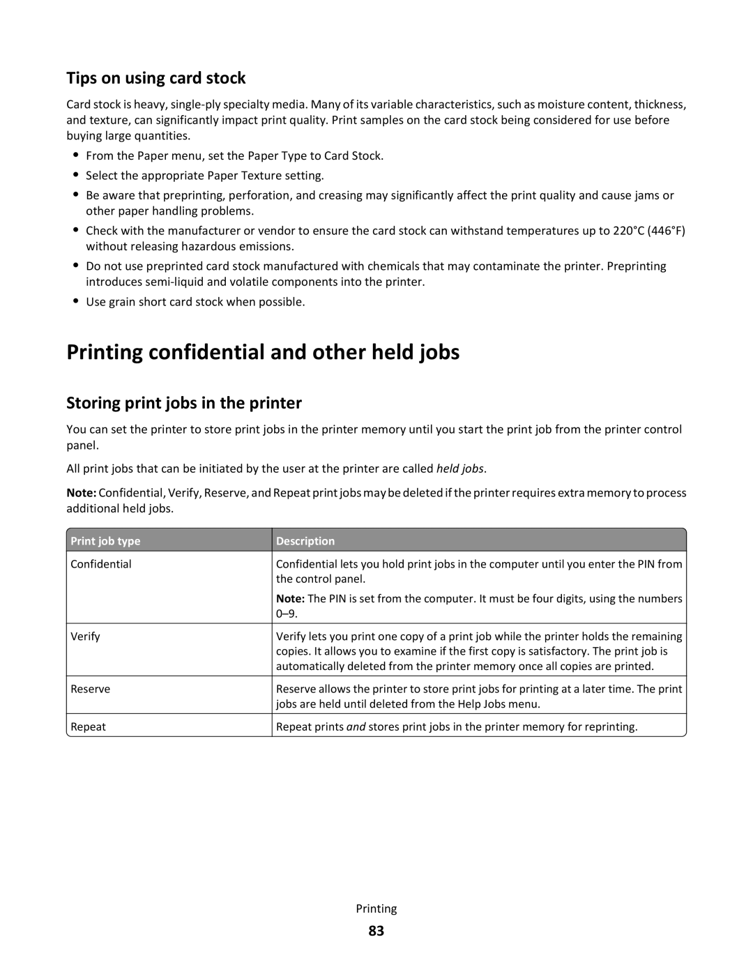 Lexmark C790 manual Printing confidential and other held jobs, Tips on using card stock, Storing print jobs in the printer 