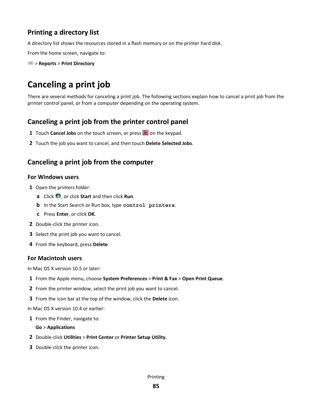 Lexmark C790 manual Printing a directory list, Canceling a print job from the printer control panel 