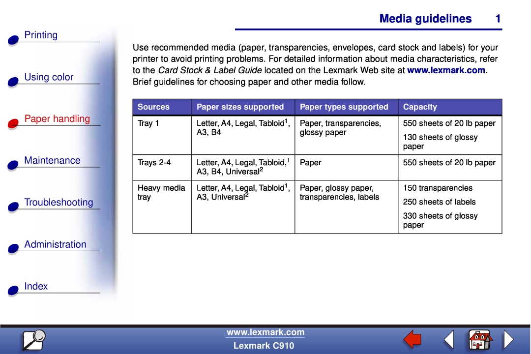 Lexmark C910 manual Media guidelines, Printing Using color, Paper handling 