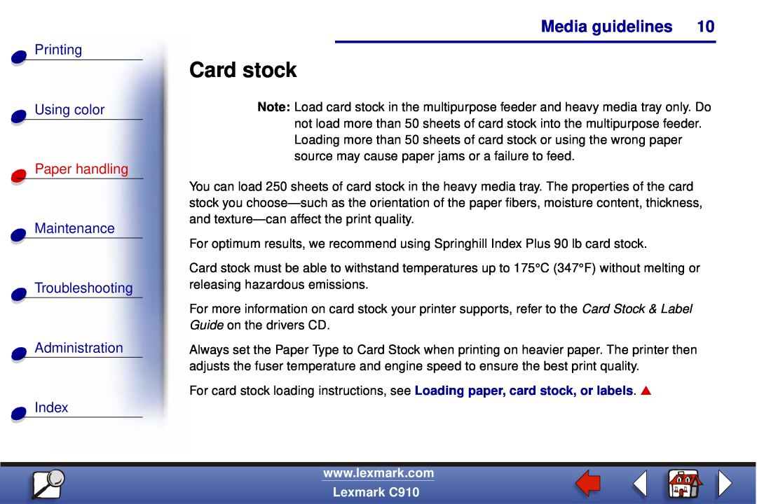 Lexmark C910 manual Card stock, Media guidelines, Printing Using color, Paper handling 