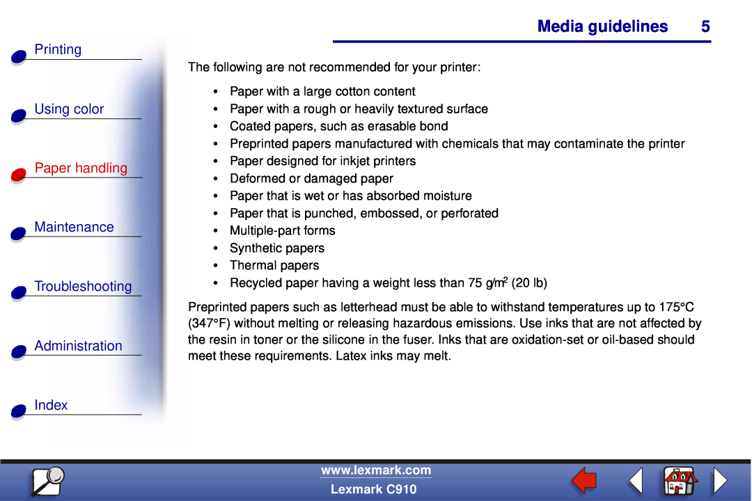 Lexmark C910 Media guidelines, Printing Using color, Paper handling, Maintenance Troubleshooting Administration Index 