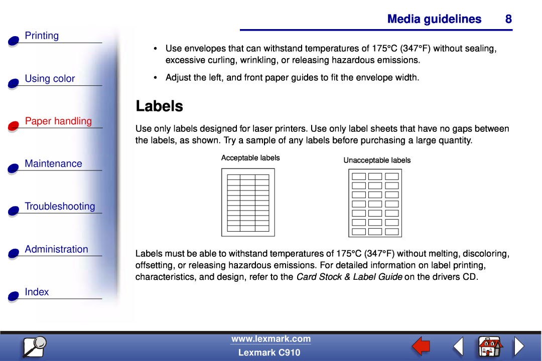 Lexmark C910 manual Labels, Media guidelines, Printing Using color, Paper handling 