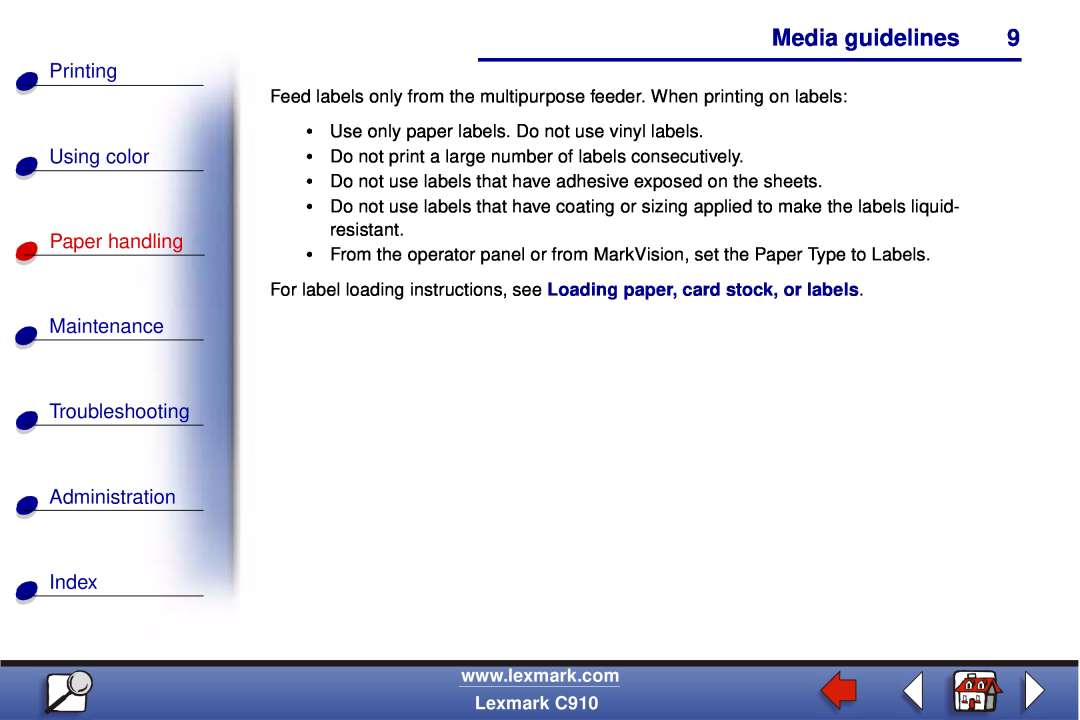Lexmark C910 Media guidelines, Printing Using color, Paper handling, Maintenance Troubleshooting Administration Index 