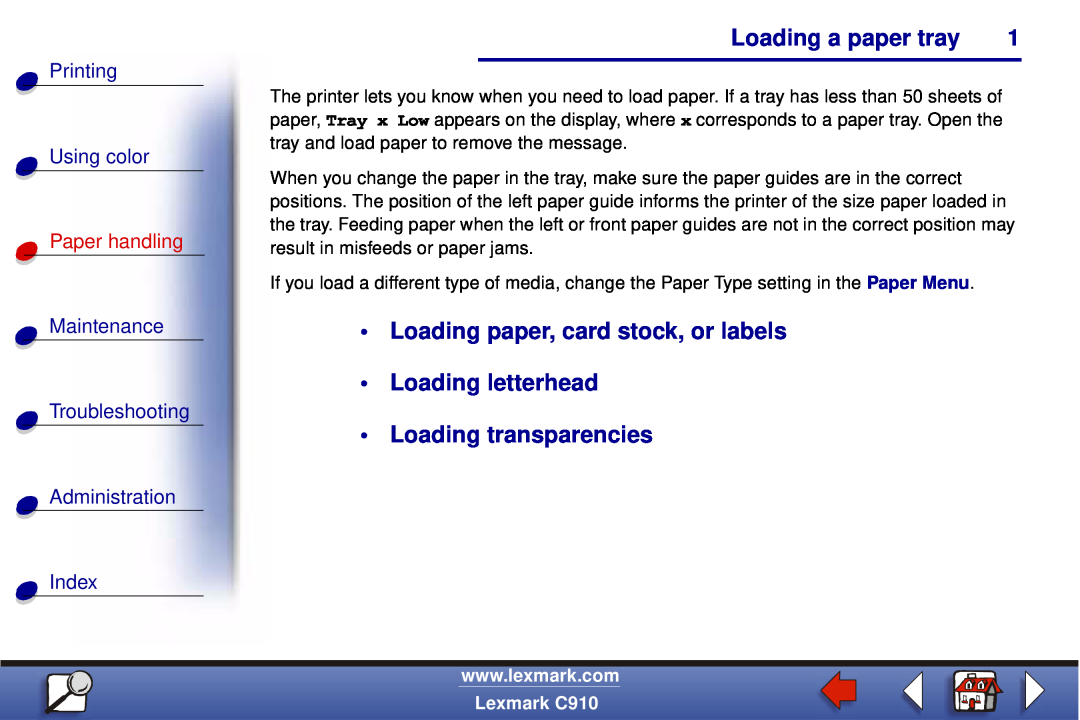 Lexmark C910 manual Loading a paper tray, Loading paper, card stock, or labels, Loading letterhead Loading transparencies 