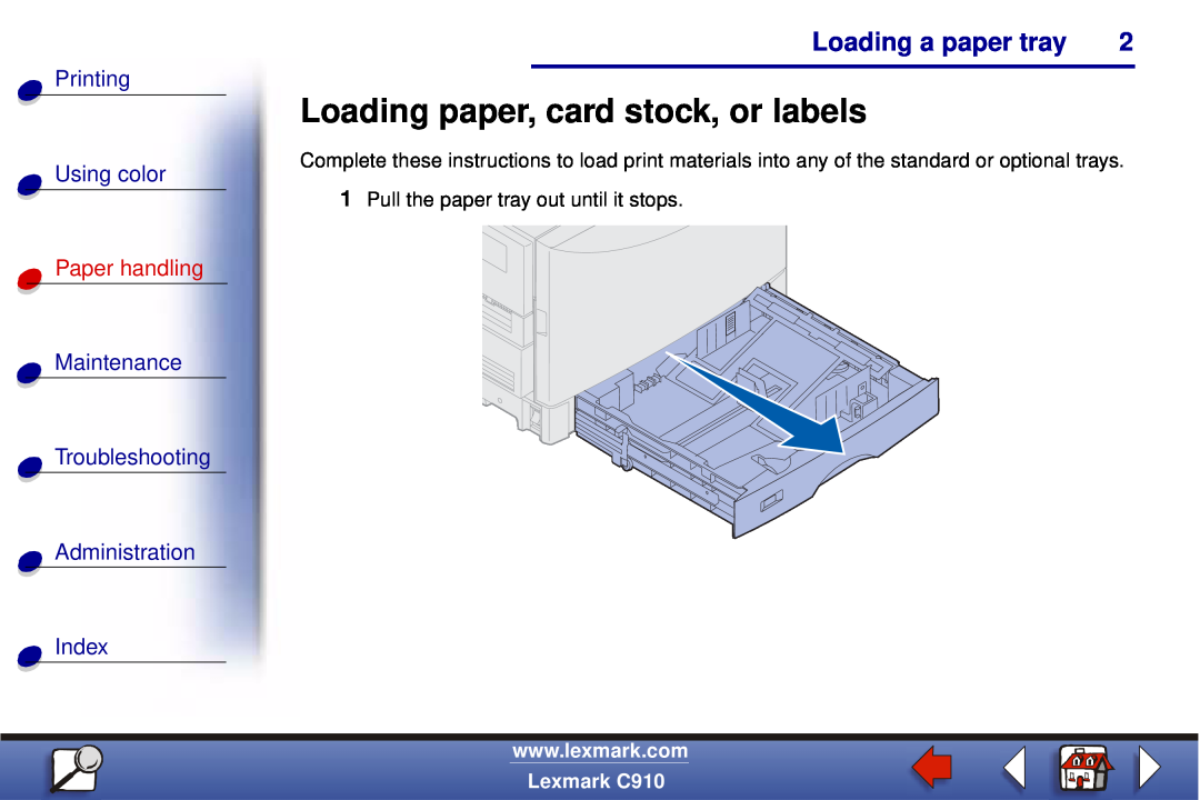 Lexmark C910 manual Loading paper, card stock, or labels, Loading a paper tray, Printing Using color, Paper handling 