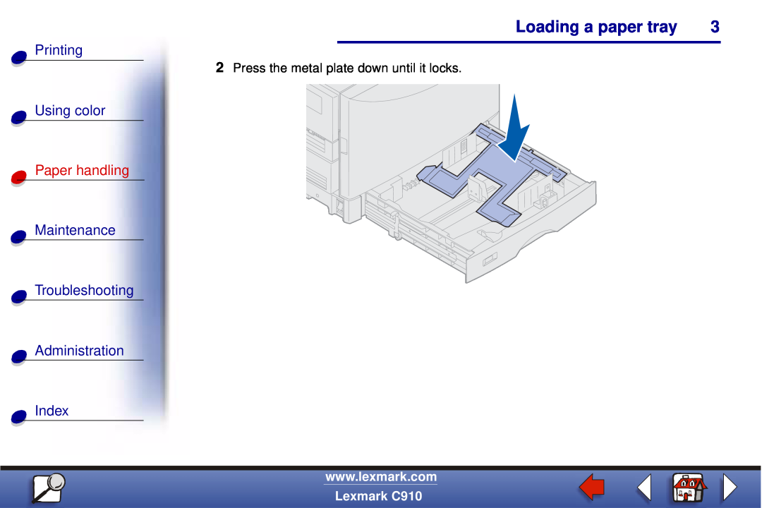 Lexmark C910 Printing, Using color, Loading a paper tray, Paper handling, Maintenance Troubleshooting Administration Index 