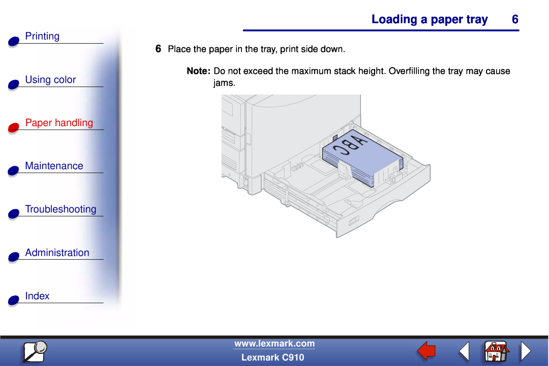 Lexmark C910 Loading a paper tray, Printing Using color, Paper handling, Maintenance Troubleshooting Administration Index 