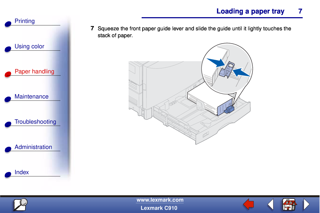 Lexmark C910 Loading a paper tray, Printing, Using color, Paper handling, Maintenance Troubleshooting Administration Index 