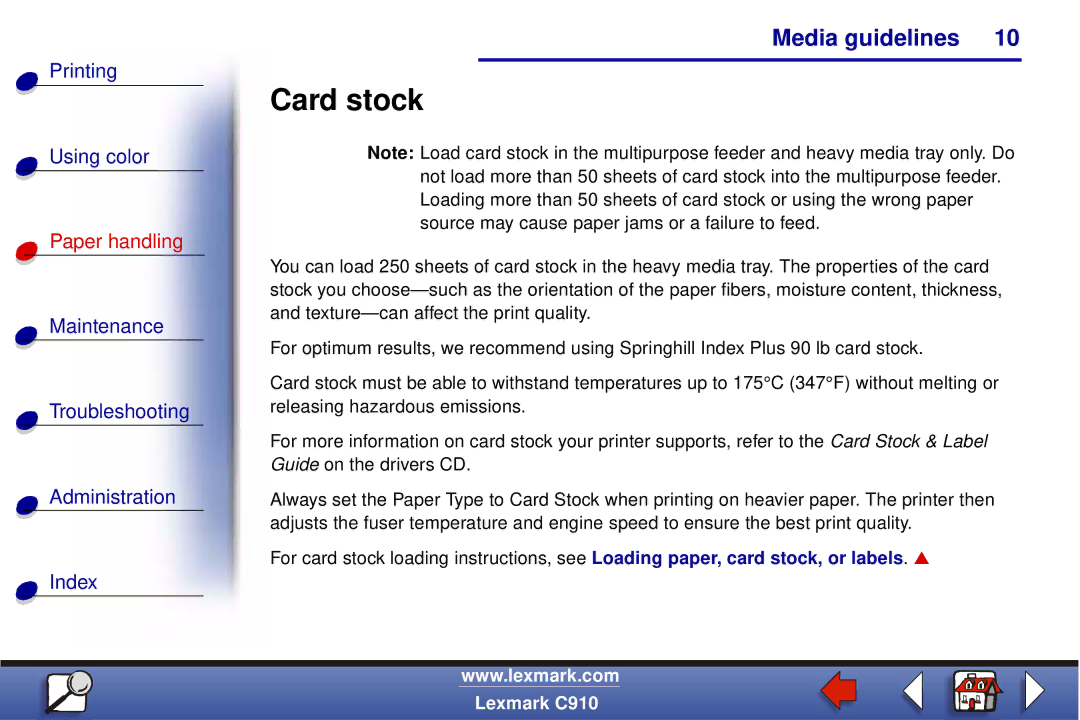 Lexmark C910 manual Card stock 