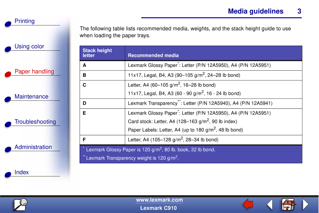 Lexmark C910 manual Stack height Recommended media Letter 