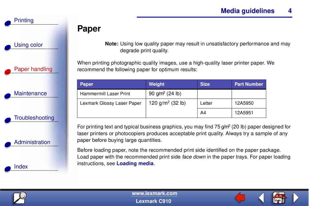 Lexmark C910 manual Paper 