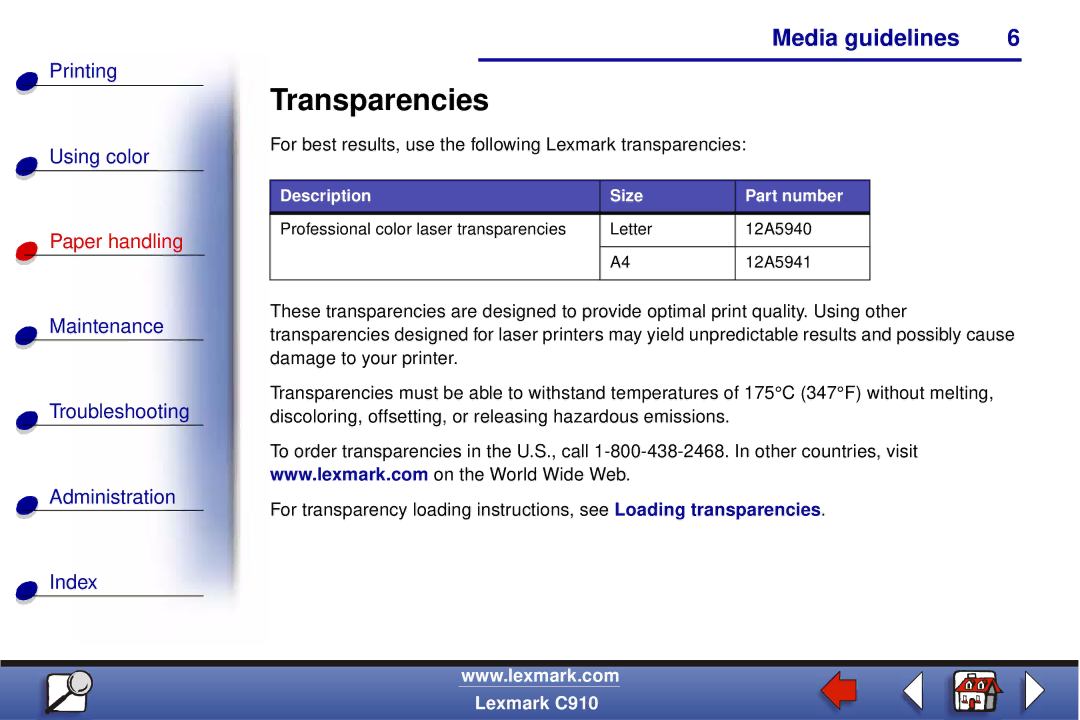 Lexmark C910 manual Transparencies, For best results, use the following Lexmark transparencies 