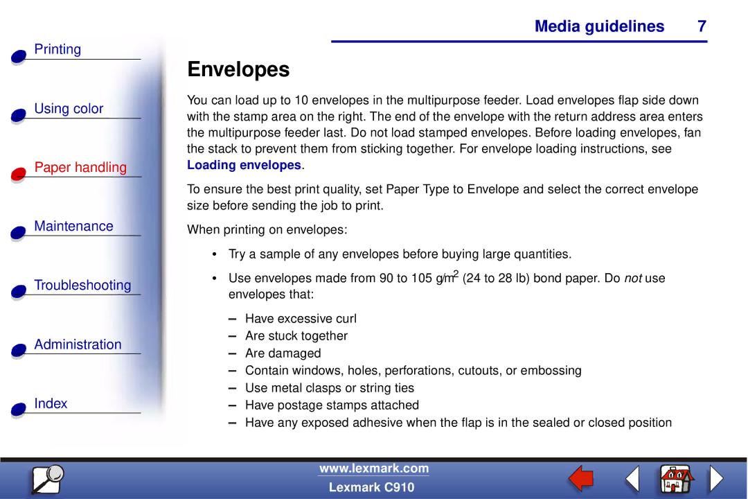 Lexmark C910 manual Envelopes 