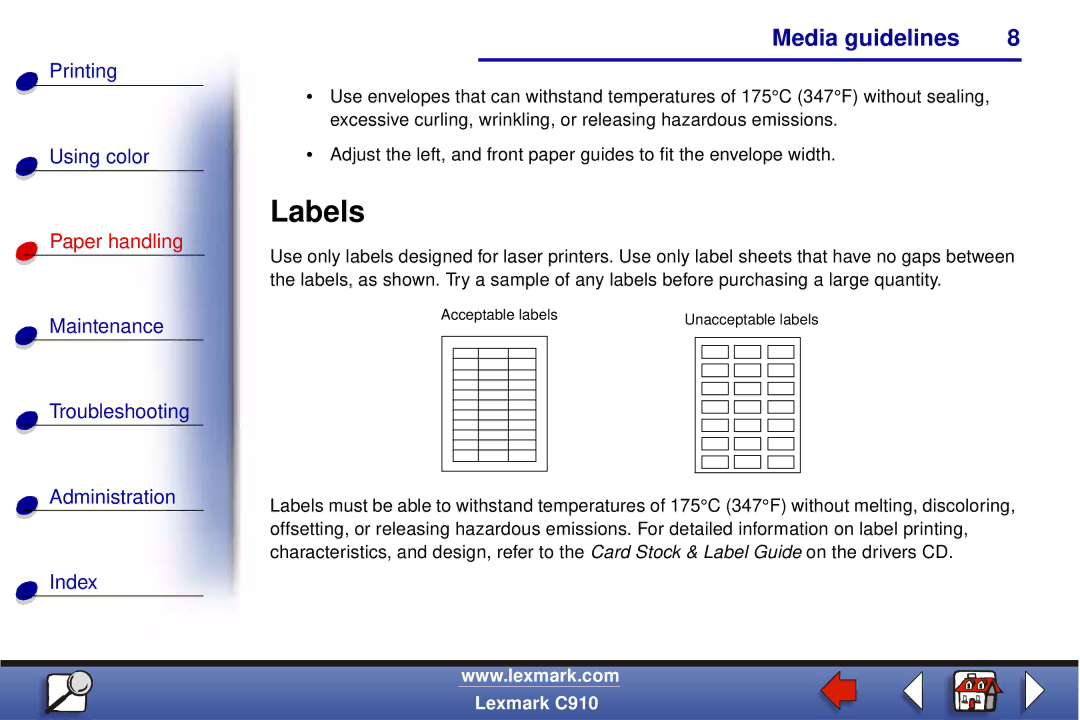 Lexmark C910 manual Labels 