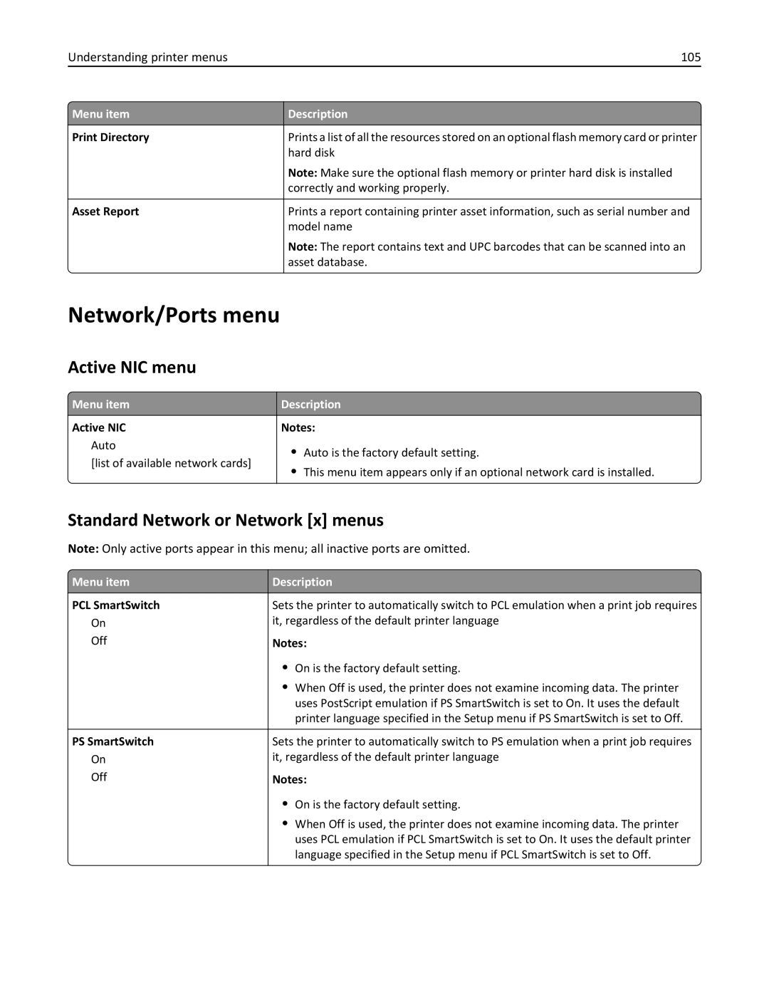 Lexmark C925 Network/Ports menu, Active NIC menu, Standard Network or Network x menus, Understanding printer menus 105 