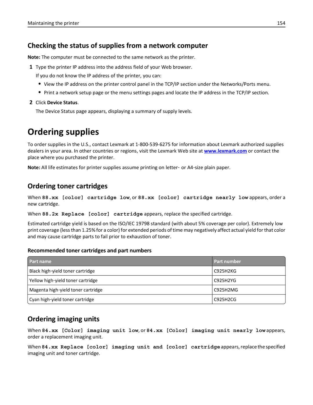 Lexmark 24Z0000, 030 Ordering supplies, Checking the status of supplies from a network computer, Ordering toner cartridges 