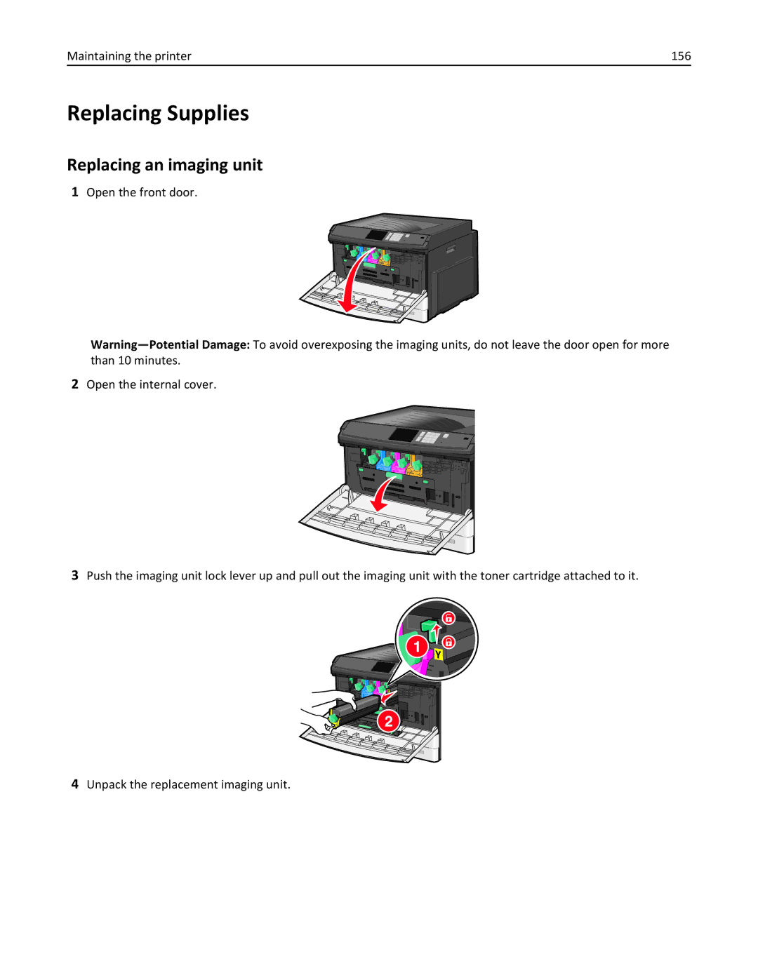 Lexmark C925, 24Z0000, 030 manual Replacing Supplies, Replacing an imaging unit, Maintaining the printer 156 