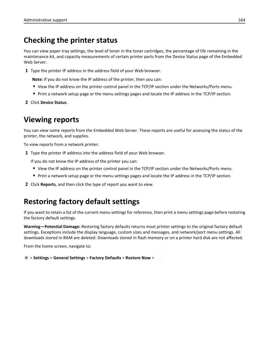 Lexmark 030 Checking the printer status, Viewing reports, Restoring factory default settings, Administrative support 164 