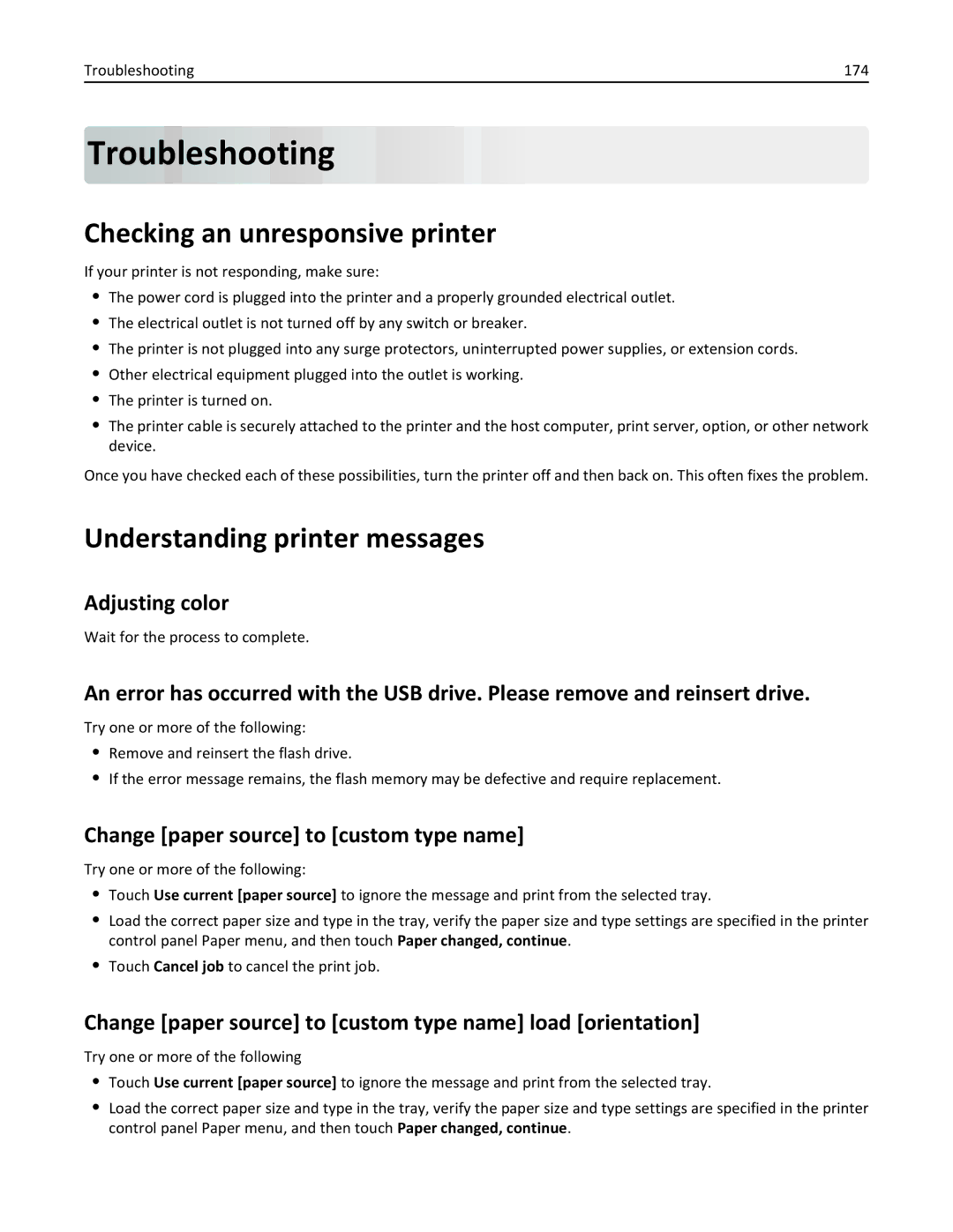 Lexmark C925, 24Z0000, 030 manual Troubleshooting, Checking an unresponsive printer, Understanding printer messages 