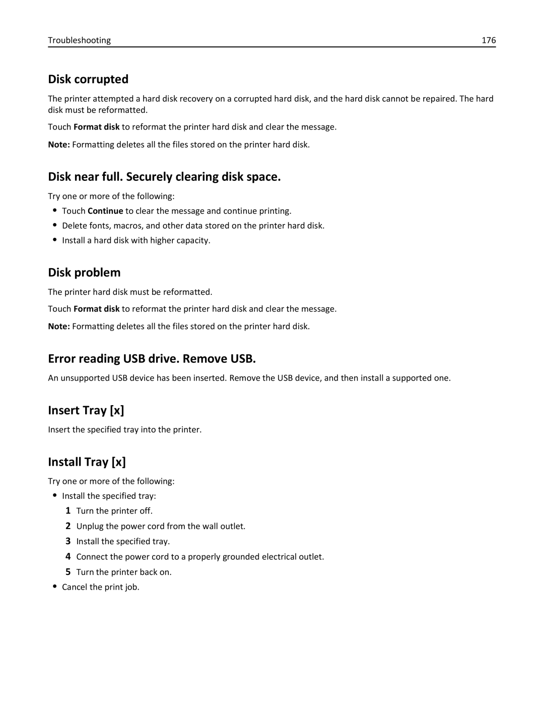 Lexmark 030, C925 Disk corrupted, Disk near full. Securely clearing disk space, Disk problem, Insert Tray, Install Tray 