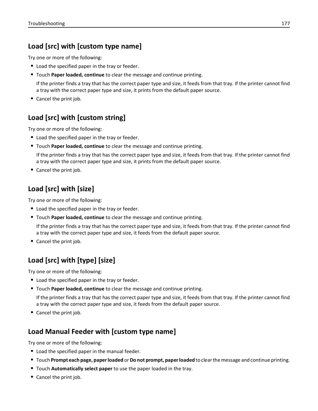 Lexmark C925, 030 Load src with custom type name, Load src with custom string, Load src with size, Load src with type size 