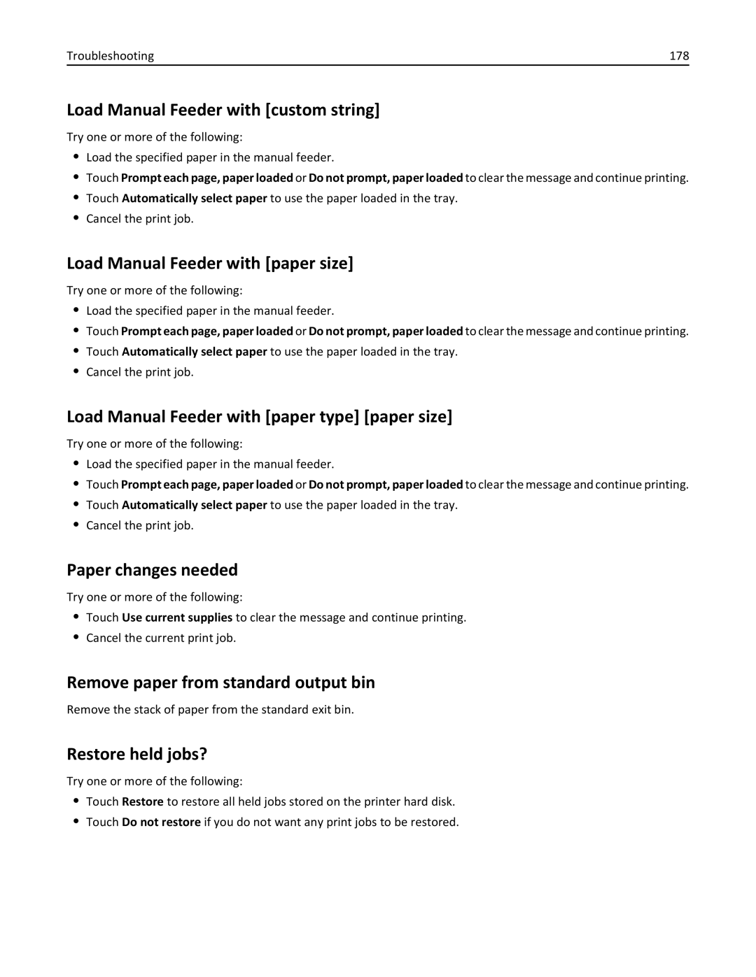 Lexmark 24Z0000, C925, 030 Load Manual Feeder with custom string, Load Manual Feeder with paper size, Paper changes needed 