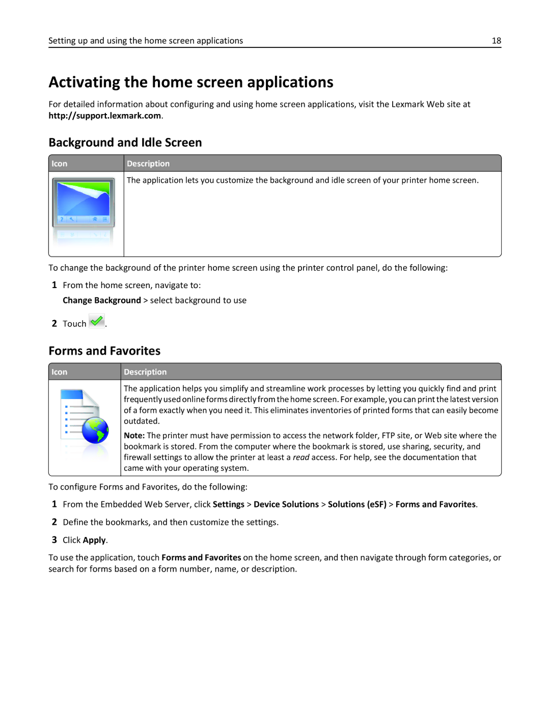 Lexmark C925 Activating the home screen applications, Background and Idle Screen, Forms and Favorites, Icon Description 