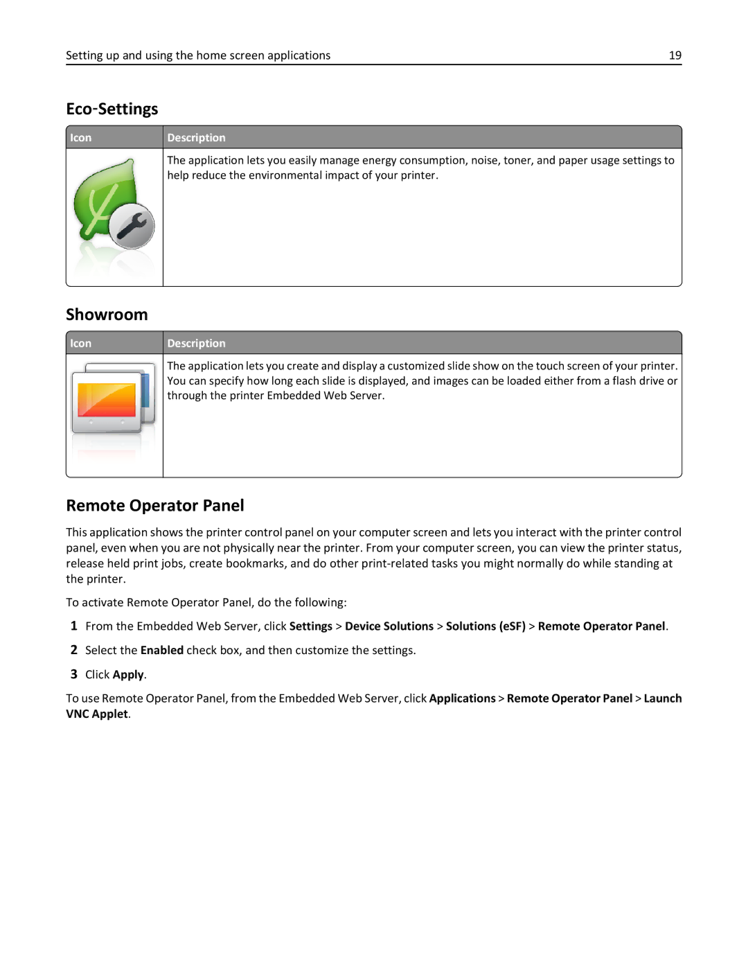 Lexmark 24Z0000, C925, 030 manual Eco‑Settings, Showroom, Remote Operator Panel 