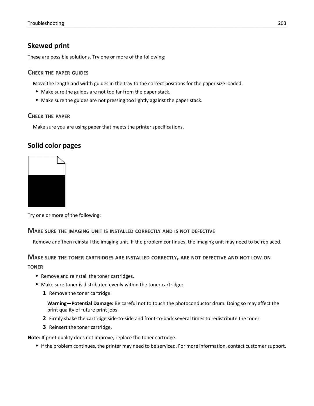 Lexmark 030, C925, 24Z0000 manual Skewed print, Solid color pages, Troubleshooting 203 