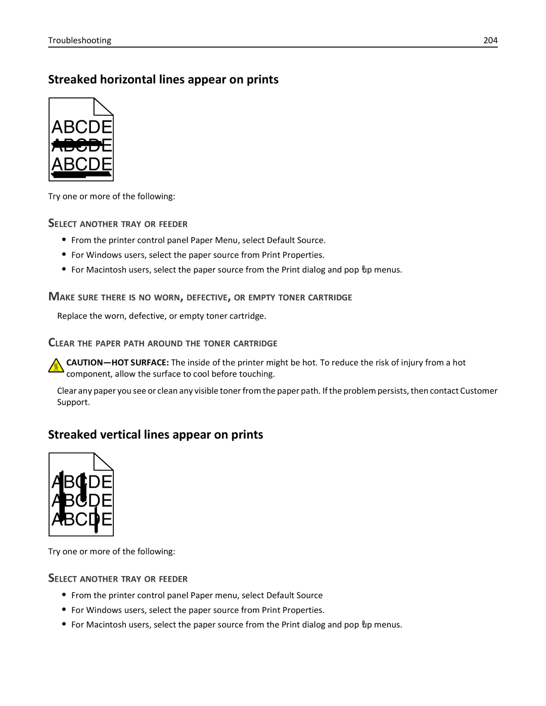 Lexmark C925, 24Z0000, 030 manual Streaked horizontal lines appear on prints, Streaked vertical lines appear on prints 